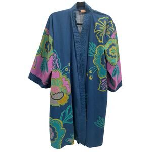 Karma Boho Embroidered Kimono Jacket Duster Open Front Floral Blue OS No Belt